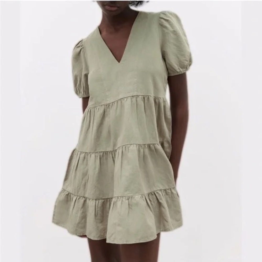 Zara Green Tiered Ruffled linen dress